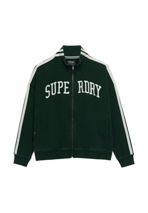 Veste zippée vert foncé avec des bandes blanches sur les manches et le texte « SUPERDRY » en grandes lettres blanches sur la poitrine.