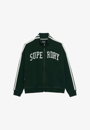 Dark green zip-up jacket with white stripes on sleeves and "SUPERDRY" text across the chest in large white letters.
