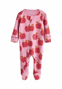 Children's onesie made of soft pink fabric, featuring a pattern of red apples with smiles, zip closure, and footed design.