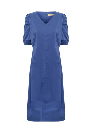 Rochie din bumbac albastru cu decolteu în V, mâneci puff și siluetă dreaptă. Dispune de un fermoar ascuns la spate și un design minimalist.