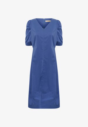 Rochie din bumbac albastru cu decolteu în V, mâneci puff și siluetă dreaptă. Dispune de un fermoar ascuns la spate și un design minimalist.