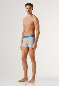 Boxer en coton gris avec une ceinture élastique bleue ornée d'un logo. Le modèle est ajusté et de forme cylindrique.