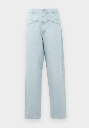 Lyseblå høy midje jeans med rett ben-design, med diskret søm, to frontlommer og metallknapp-lukking.