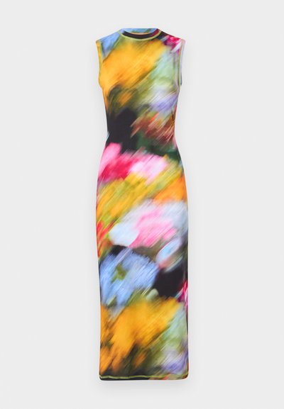 Sleeveless dress featuring a vibrant floral pattern in shades of pink, yellow, blue, and green on a black background, made of smooth fabric.
