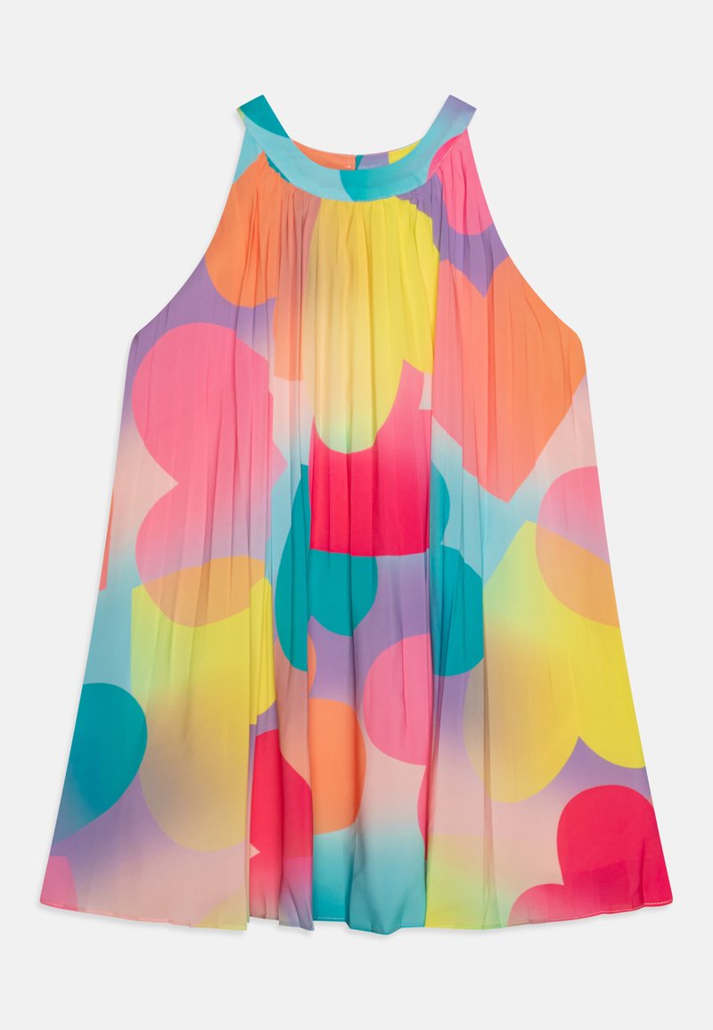 Colorful sleeveless dress featuring a pleated design with large heart shapes in pink, yellow, teal, and purple, and a turquoise neckline.