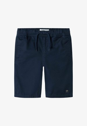Shorts de bain bleu marine en tissu léger, dotés d'une taille élastique avec cordon de serrage et de poches latérales.