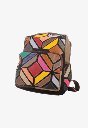 Backpack with front zippered pocket featuring a colorful geometric patchwork pattern in yellow, red, pink, green, blue, and brown tones.