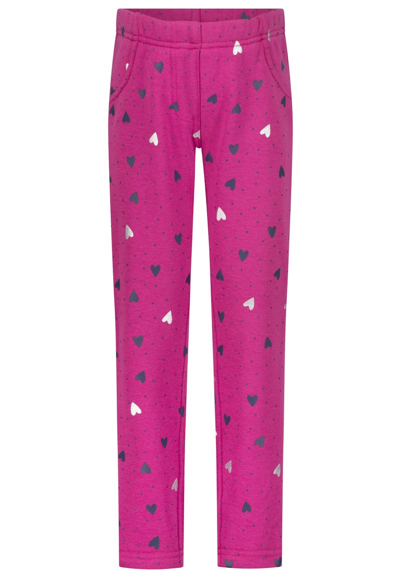 Roze katoenen broek met een verspreid hartjespatroon in wit, marineblauw en donkerroze, met een elastische tailleband en zijzakken.