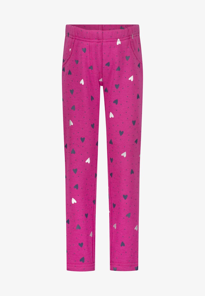 Roze katoenen broek met een verspreid hartjespatroon in wit, marineblauw en donkerroze, met een elastische tailleband en zijzakken.