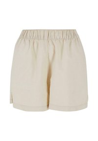Beige elastische Freizeitsshorts mit lockerer Passform und kleinen Seitenschlitzen am Saum.