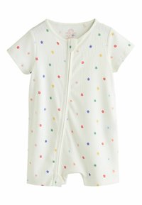 Body blanc côtelé pour bébé avec manches courtes, imprimé de petites fleurs colorées, et fermeture éclair diagonale à l'avant.