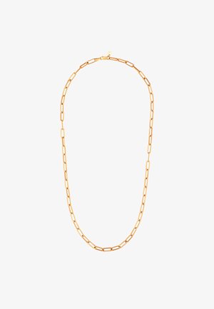 Złota naszyjnik z łańcuszkiem składający się z wydłużonych prostokątnych ogniw, o gładkiej powierzchni i bezpiecznym zapięciu z tyłu.