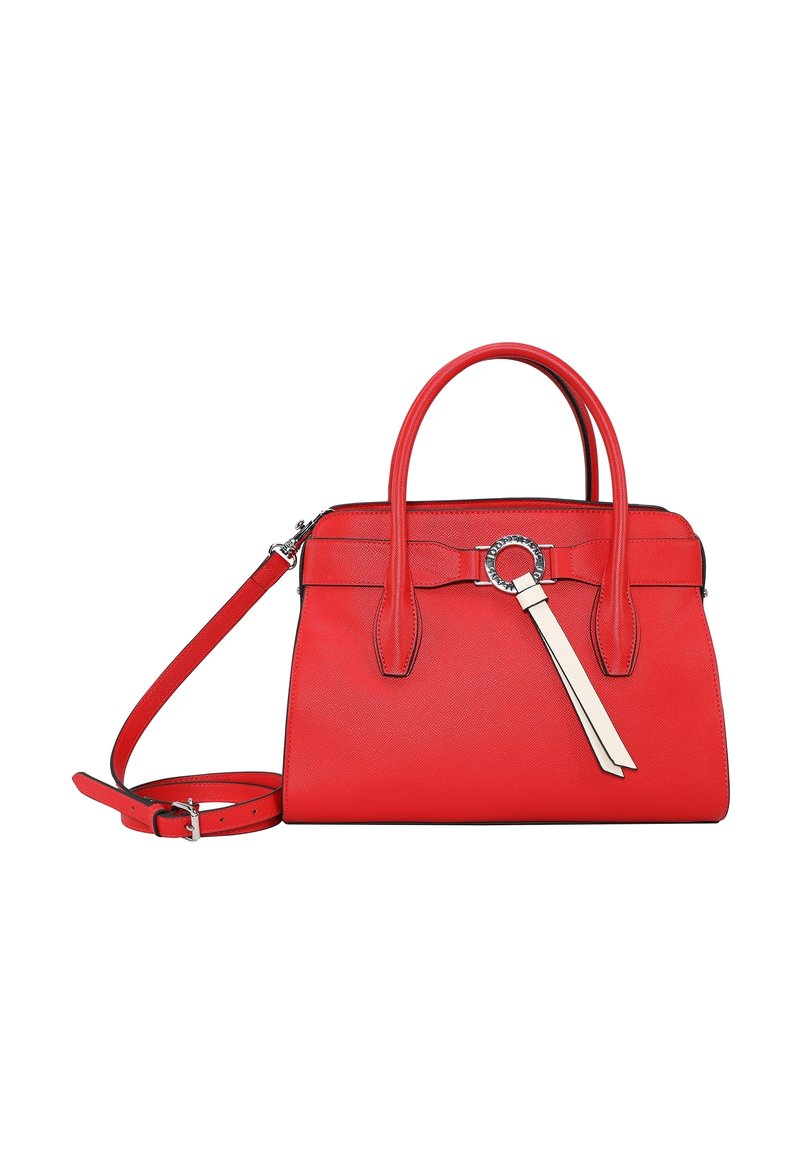 Borsa a mano in pelle rossa con due manici superiori, una tracolla rimovibile e un elegante pon-pon bianco decorativo. Presenta un design elegante e dettagli in metallo.