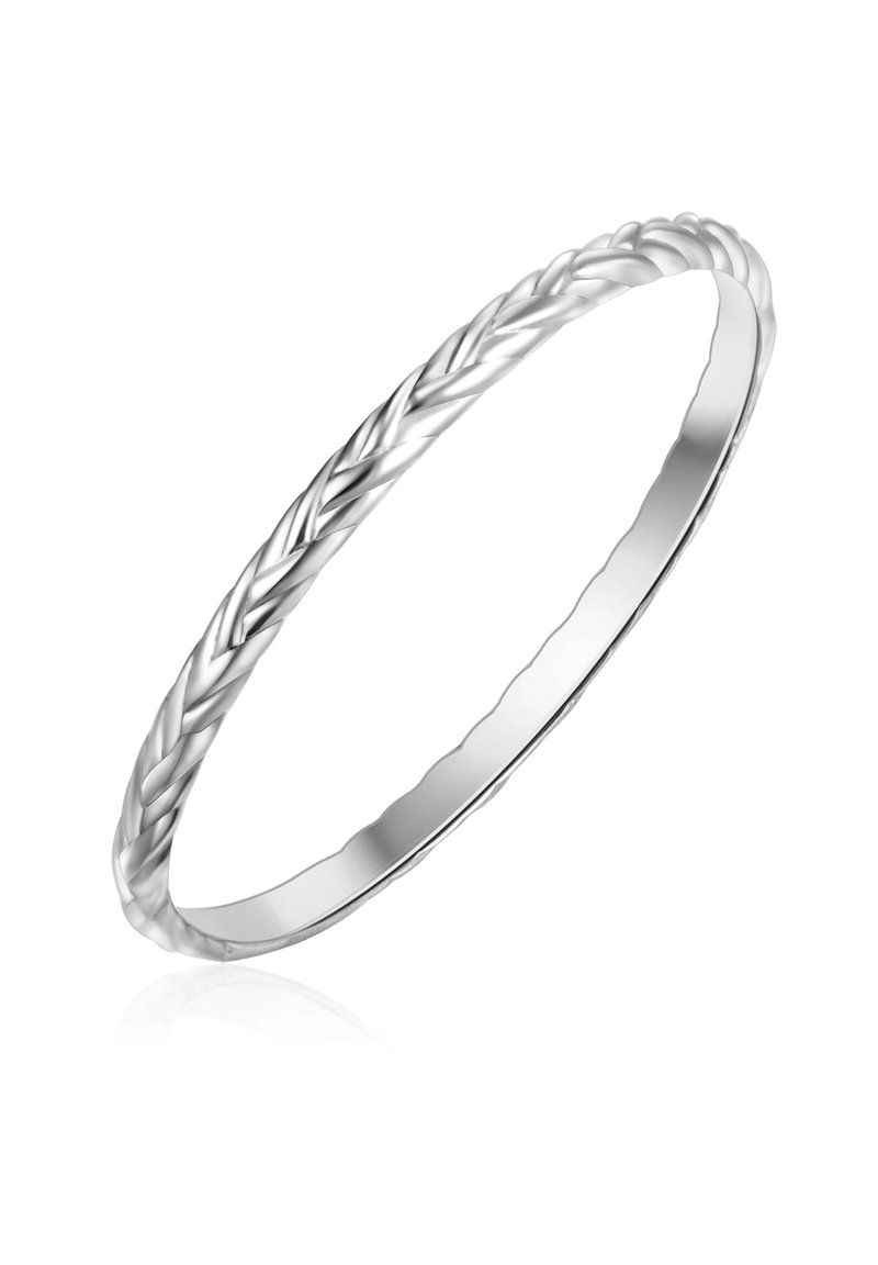 Sudraba aproce ar pītā dizaina, kam ir gluda virsma un noapaļota mala. Virsma viegli atspoguļo gaismu.