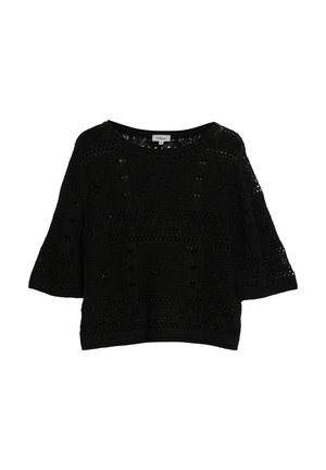 Zwarte gebreide kortemouwtrui met een brede ronde hals, met ingewikkelde opengebreide patronen en een losse pasvorm.