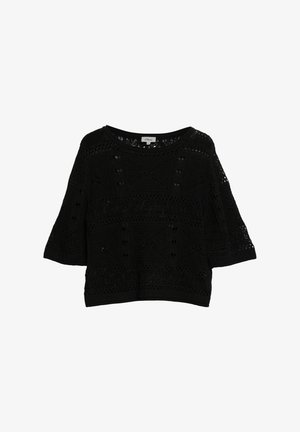 Pull noir en maille à manches courtes avec un large col rond, présentant des motifs ajourés complexes et une coupe ample.