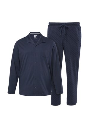 Pigiama con bottone a maniche lunghe di colore blu navy, dotato di taschino sul petto, abbinato a pantaloni con coulisse decorati con un piccolo motivo a diamante scuro.