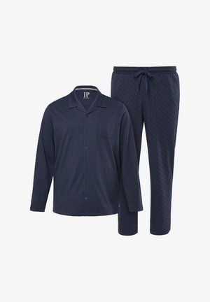 Navy blue long-sleeve button-up pajama top with chest pocket and matching drawstring pants with small dark diamond pattern.