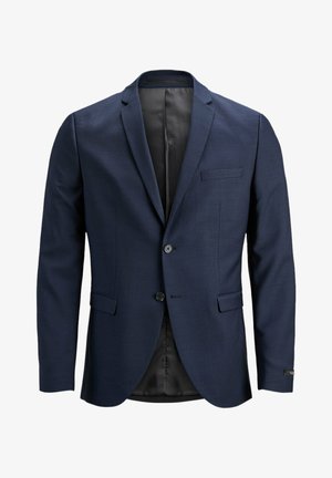 Marineblazer mit klassischen Revers, einem einzigen Knopfverschluss und zwei Fronttaschen. Der Stoff hat eine glatte Textur und das Innenfutter ist schwarz.