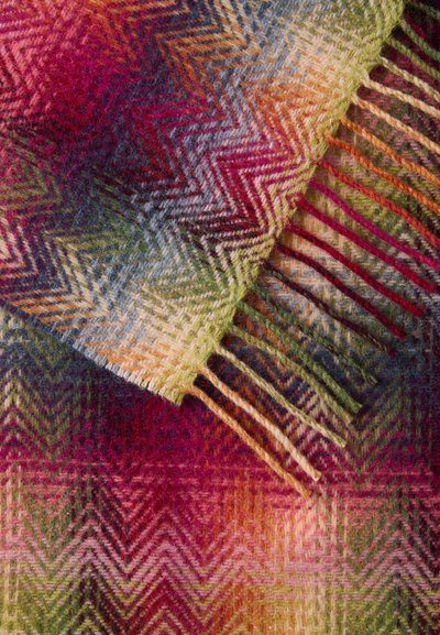 Høringsbåndsmønstret plaid i levende farver som lilla, grøn og orange, lavet af blød, struktureret uld med frynser.