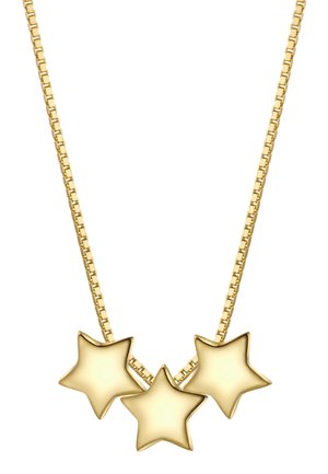 Collar de tono dorado con diseño de eslabones y tres colgantes en forma de estrella dispuestos en fila. Textura suave y acabado brillante.