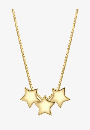 Halskæde i guldfarve med kædeled-design og tre stjerneformede vedhæng arrangeret på række. Glat tekstur og skinnende finish.