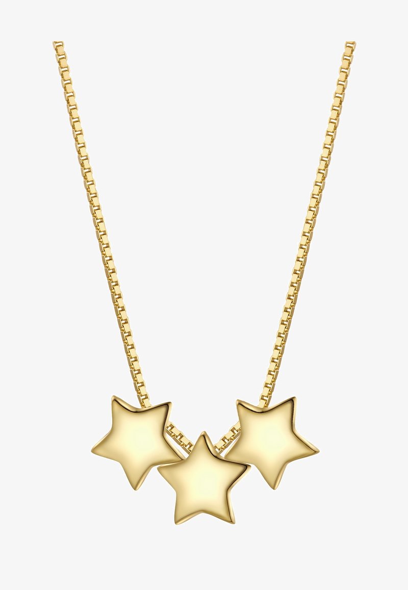 Halskette in Goldoptik mit einem Kettenglied-Design und drei sternförmigen Anhängern, die in einer Reihe angeordnet sind. Glatte Textur und glänzende Oberfläche.