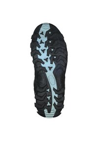 Black rubber shoe sole with pronounced treads and triangular patterns, featuring a light blue accent along the center for traction.
