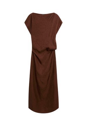 Abito in lino marrone con vestibilità rilassata, scollo a barca e maniche corte. Presenta una silhouette fluida e un tessuto testurizzato.