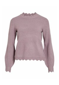 Pull lilas avec un décolleté et un ourlet en forme de coquille, fabriqué en tissu doux en tricot avec des manches longues et des accents texturés aux poignets et en bas.
