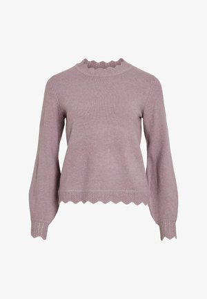 Fialový svetr s vykrojeným výstřihem a lemem, vyrobený z měkké pleteniny, s dlouhými rukávy a texturovanými detaily na manžetách a spodním lemu.