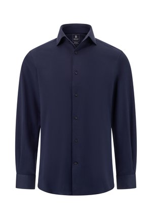 Camisa de vestir de manga larga azul marino para hombre, con cierre de botones en la parte delantera y cuello puntiagudo, diseño liso sin patrones ni logotipos.