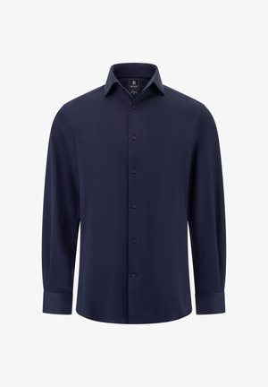 Vīriešu zilas krāsas garenam piedurknēm kreklis ar pogu priekšpusi un norādītu apkakli, vienkāršs dizains bez rakstiem vai logotipiem.