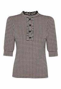 Svart och rosa blus med hundtandsmönster, korta ärmar, krusad krage och knappslå med fyra svarta knappar.