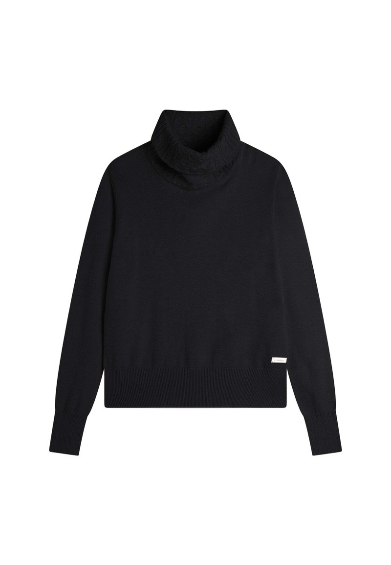 Schwarzer Rollkragenpullover mit strukturiertem Kragen, tailliertem Saum und langen Ärmeln. Aus weichem Stoff gefertigt, mit einem kleinen Logo an der Seite.