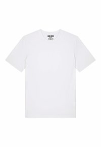 Witte katoenen t-shirt met korte mouwen en ronde hals. Heeft een label met "MIRA PARIS" binnen de hals gedrukt. Glad van textuur, zonder patronen.