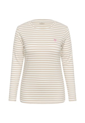 Bež in bela majica z dolgimi rokavi in črtastim vzorcem, z okroglim izrezom in majhno rožnato srčko na prsih.