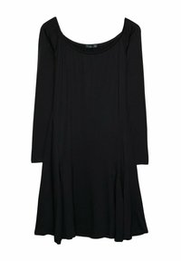 Musta, pitkähihaine mekko pyöreällä pääntiellä, joka on valmistettu pehmeästä kankaasta. Mekossa on virtaviivainen A-linjainen siluetti ja rypytyksiä pääntiellä.