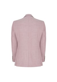 Różowa marynarka o dopasowanym kroju z subtelną teksturą, z jednym rozcięciem z tyłu i długimi rękawami. Posiada kontrastowe wykończenie przy kołnierzu.