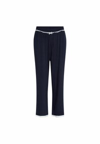 Pantaloni del pigiama in cotone color navy con bordo in pizzo all'orlo e un fiocco decorativo sulla cintura elastica. Design a gamba dritta.