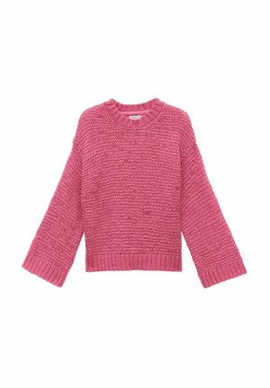 Rosa stickad tröja med rund hals, vida ärmar och en strukturerad yta. Ribbad nederkant och muddar, vilket ger en lös passform.