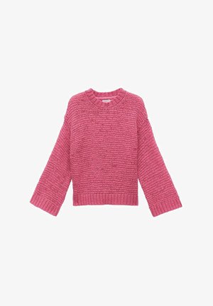 Vaaleanpunainen neulottu neuletakki, jossa on pyöreä kaula-aukko, leveät hihat ja teksturoitu pinta. Ribbaaettu helma ja hihansuut, jotka tarjoavat löysän istuvuuden.