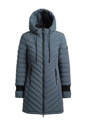 Padded gray coat with a hood, chevron quilt pattern, front zip, two zippered side pockets, and ribbed cuffs. Soft, smooth texture.
