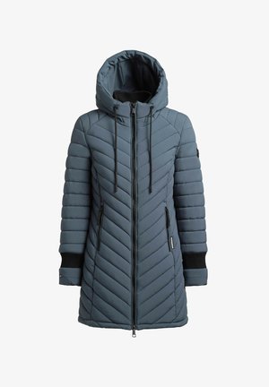 Grijze gewatteerde jas met een capuchon, chevron-quiltpatroon, rits aan de voorkant, twee ritszakken aan de zijkant en ribgebreide manchetten. Zachte, gladde textuur.