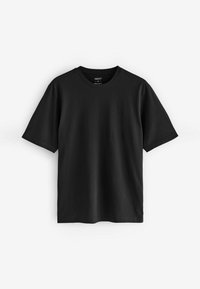Camisa de algodón negra con mangas cortas, cuello redondo y un corte relajado. Presenta un diseño liso sin patrones ni acentos.