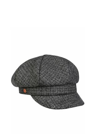 Gray and black herringbone newsboy cap with a short stiff brim and a small round red and gold emblem on the side.