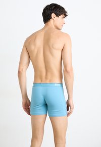Hellblaue Boxershorts aus weichem Stoff mit einem elastischen Bund, der ein Logo trägt. Das Design ist tailliert und zeigt eine glatte Textur sowie klare Linien.