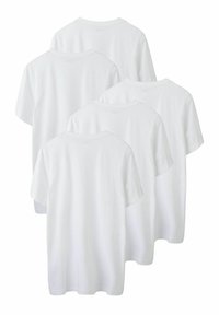 Sæt med fem ensfarvede hvide bomuldst-shirts. Korte ærmer, rund halsudskæring, glat tekstur og uden synlige mønstre eller hardware.