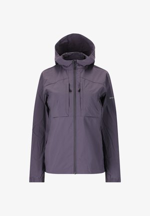 Lila lättviktsjacka med huva, framsida med dragkedja och två vertikala bröstfickor, långa ärmar med elastiska mudd.