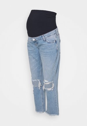 Jeans de maternidad azul claro con roturas y una cintura elástica negra para soporte de la barriga, presentados sobre un fondo blanco liso.